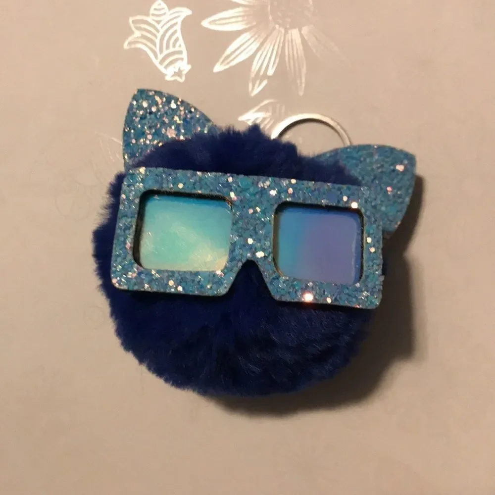 Dark Blue Sunglasses Cat Sparkly Fluffy Keychain